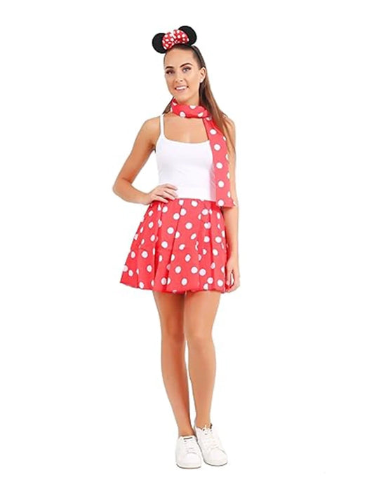 Ladies' 4PC Micky Mouse Theme Costume Set –Polka Dot Skirt, Scarf, Headband & Vest