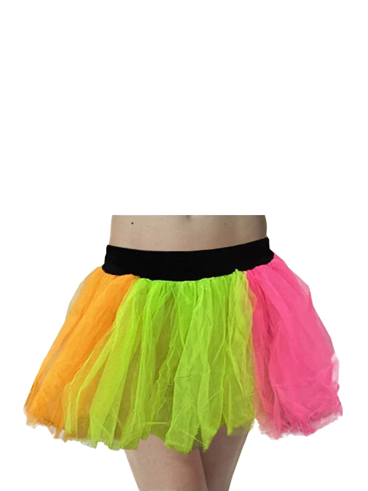 Ladies 1980s Fancy Dress Neon 3 Layers Tutu Skirt multi