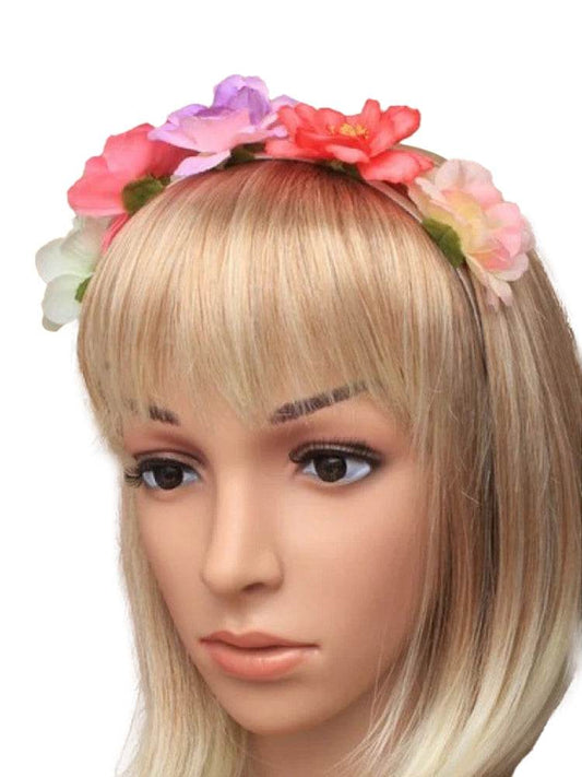 Narrow Pastel Ribbon Wrapped Metal Alice Band With Flowers - thefancydress.co.uk