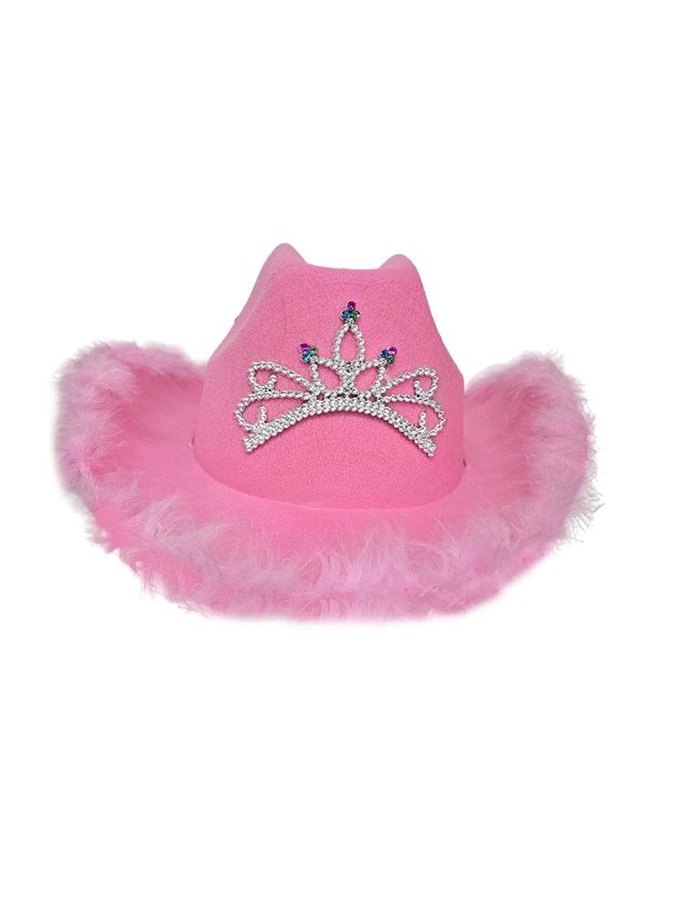 Pink Cowboy Hat with Fluff Trim - thefancydress.co.uk