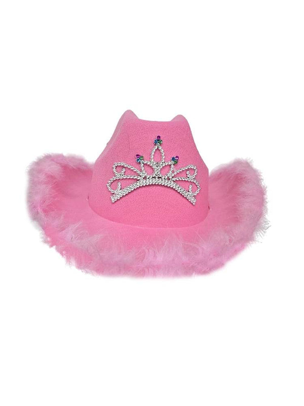 Pink Cowboy Hat with Fluff Trim - thefancydress.co.uk