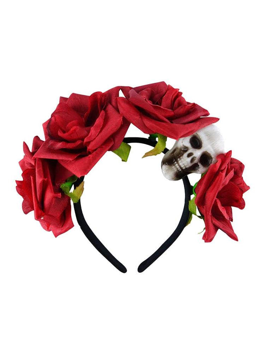 Red Flower Headband With Skull - thefancydress.co.uk