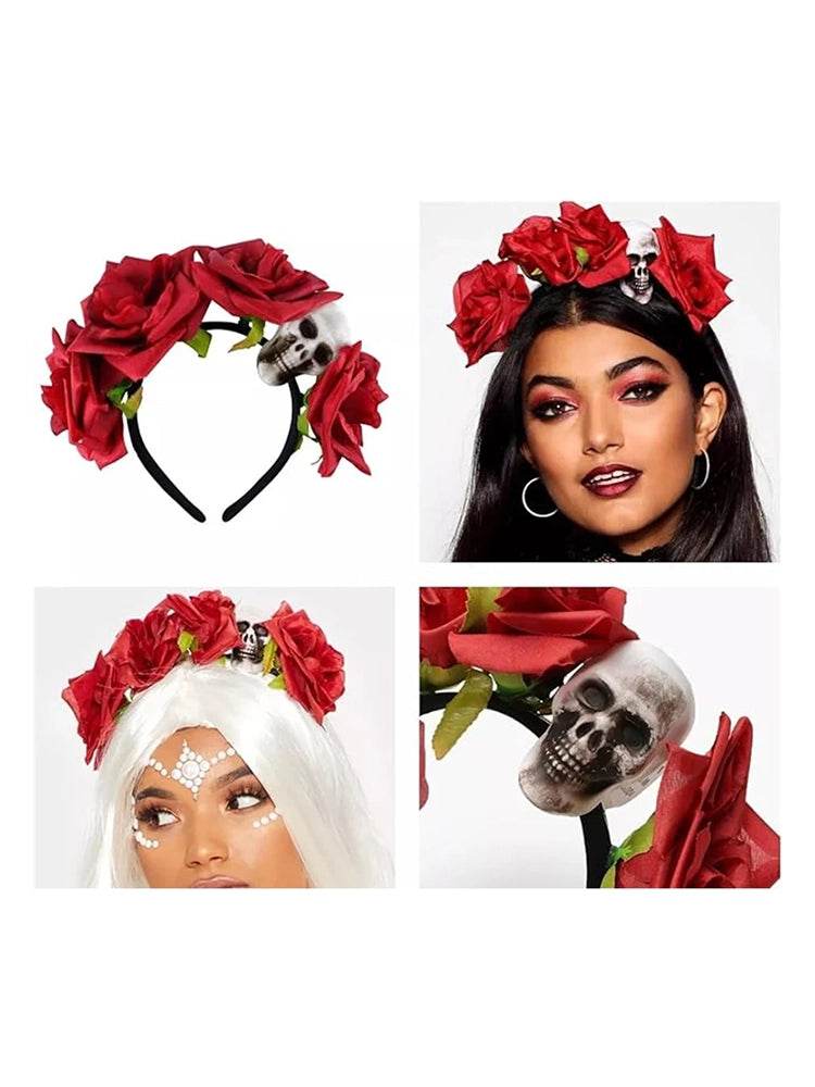 Red Flower Headband With Skull - thefancydress.co.uk