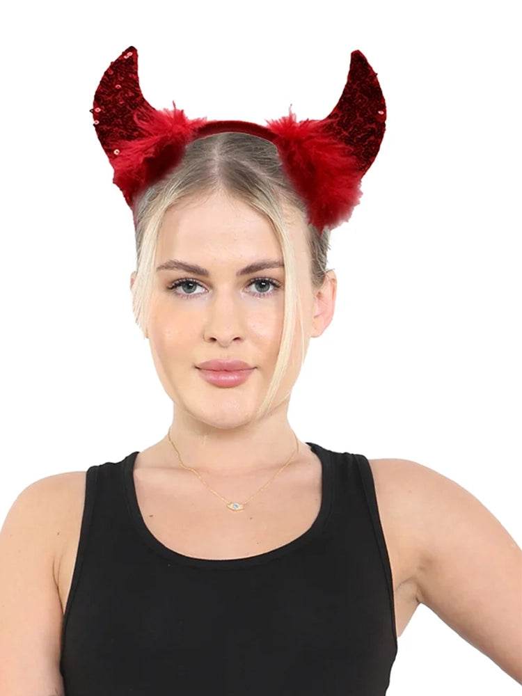 Red Sequin Devil Horns With Headband - thefancydress.co.uk