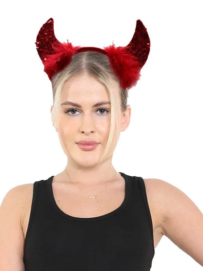 Red Sequin Devil Horns With Headband - thefancydress.co.uk