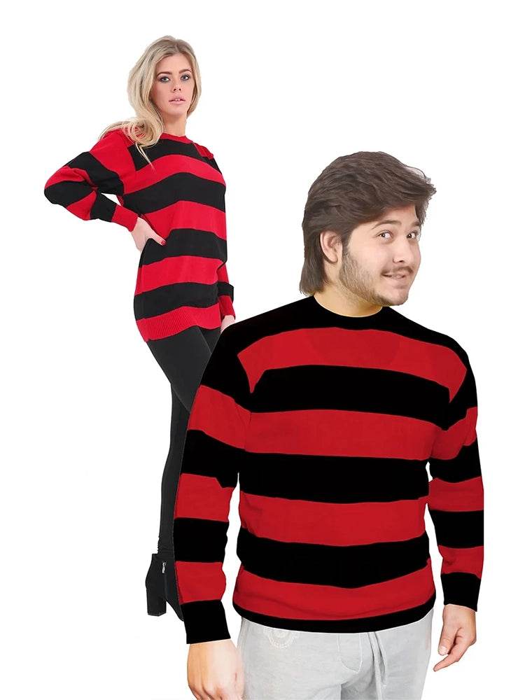 Unisex Red & Black Stripe Knitted Jumper - thefancydress.co.uk