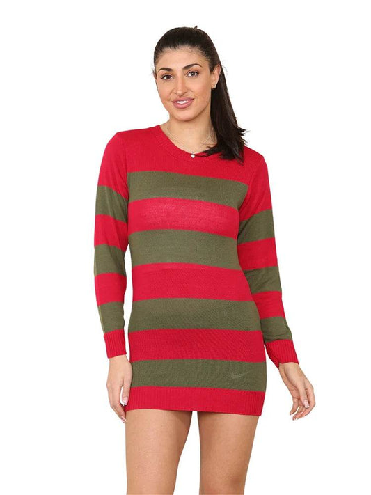 Women's Red and Green Stripe Knitted Long Dress Jumper - thefancydress.co.uk