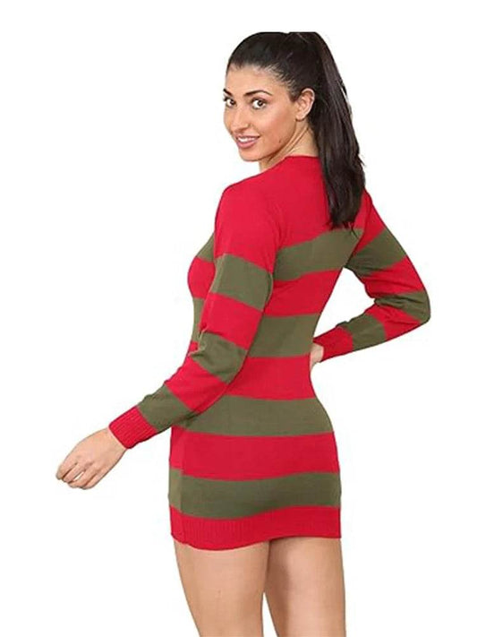 Women's Red and Green Stripe Knitted Long Dress Jumper - thefancydress.co.uk