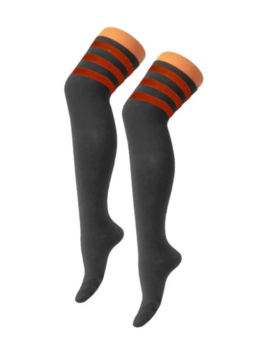 Women's Referee 3 Stripes Cotton Over the Knee Thigh High Socks red black