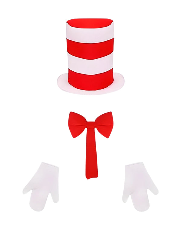 Child’s 3 Pcs Cat in the Hat Set - Striped Hat, Red Bow Tie & White Gloves Sets