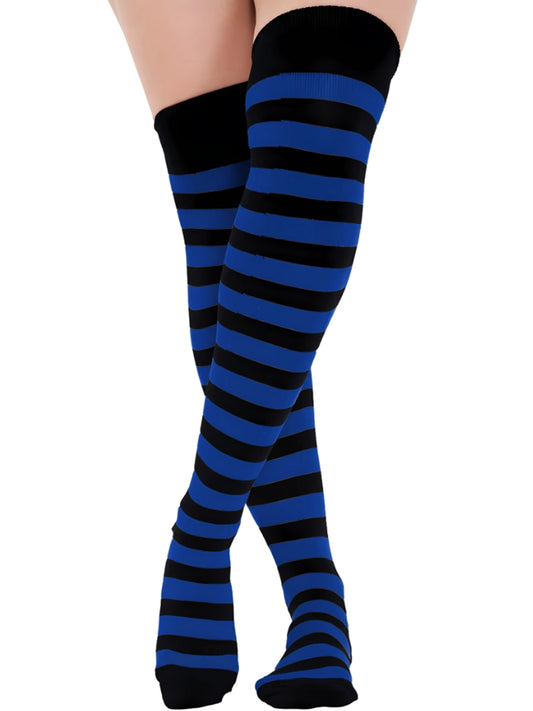 Striped Over The Knee Black and Royal Blue Thigh High Socks
