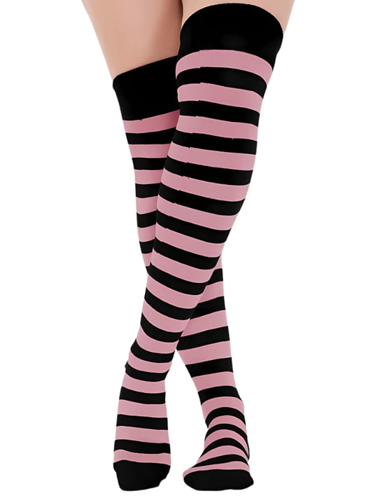 Striped Over The Knee Black & Baby Pink Thigh High Socks