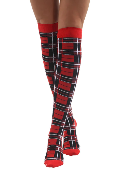 Striped Over The Knee Red Tartan Checkered Thigh High Socks