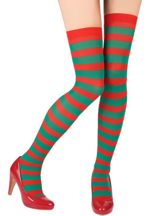 Striped Over The Knee Red & Green Thigh High Socks