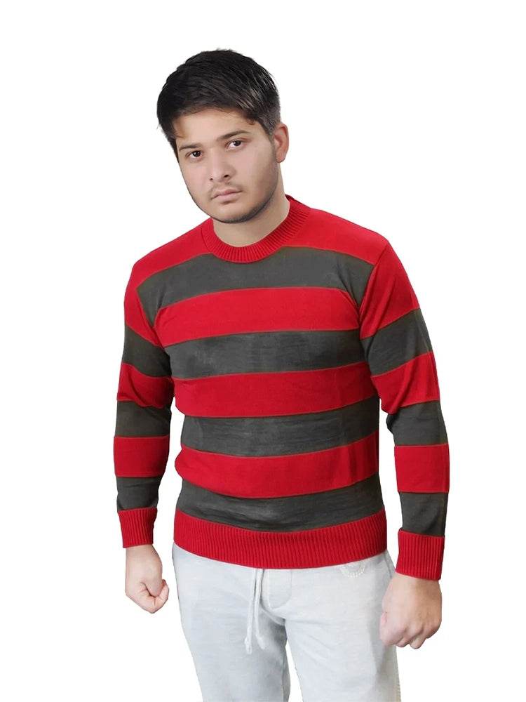 Unisex Red and Grey Stripe Knitted Jumper - thefancydress.co.uk