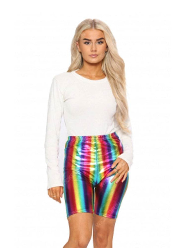 Unisex Shiny Metallic Rainbow Cycling Shorts - thefancydress.co.uk