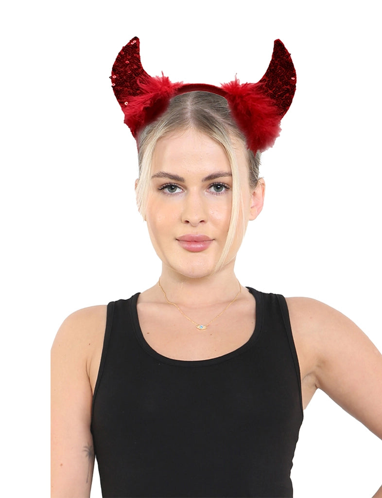 Red Sequin Devil Horns With Headband