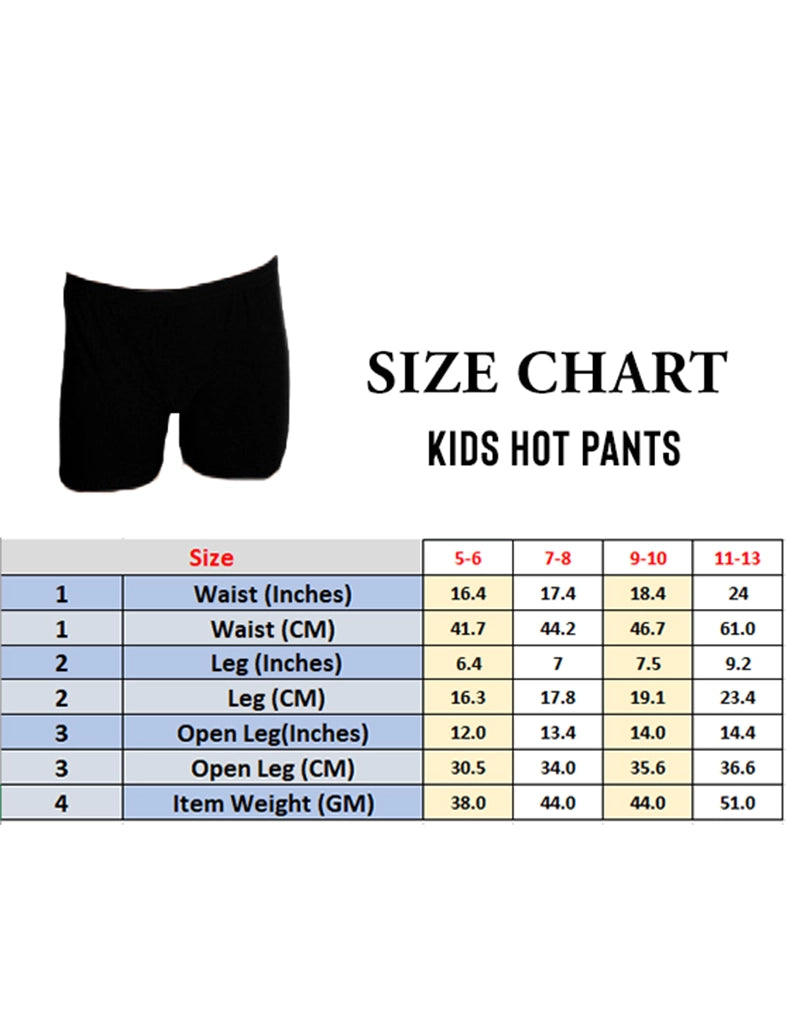 Girls Microfibre Hot Pants size chart