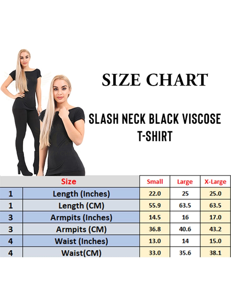 Women's Slash Neck Black Viscose T-Shirt size chart