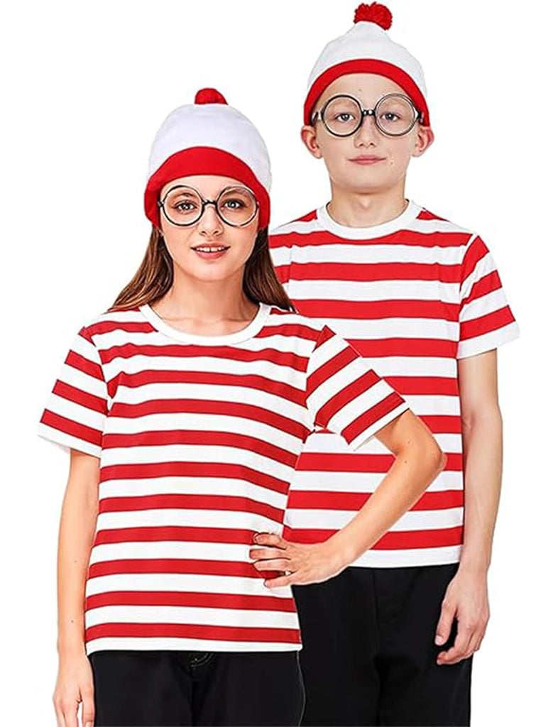 Kids' Red and White Striped T-Shirt, Knitted Hat & Black Wizard Glasses Set