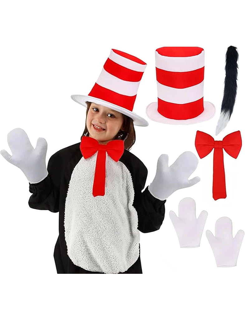 Child’s 4 Pcs Cat in the Hat Set - Striped Hat, Red Bow Tie, Cat Tail & White Gloves Sets
