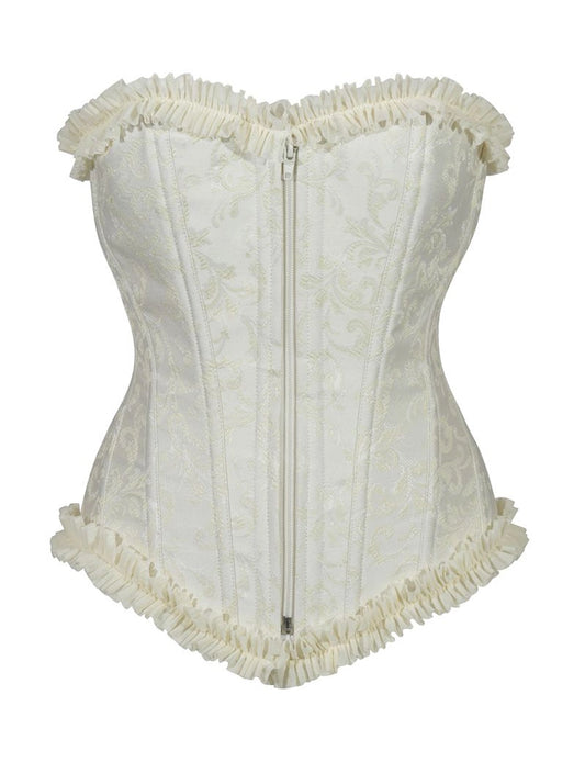 Ladies White Brocade Corset Top with Zip and Frill