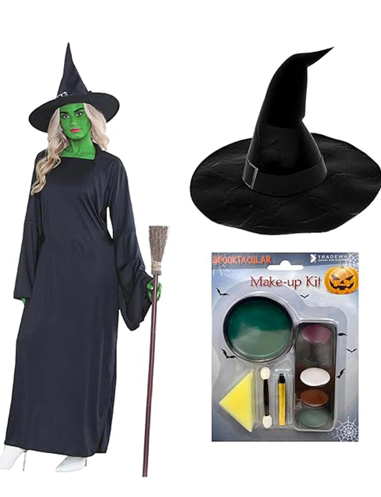 Ladies Wicked Witch Of The West Costume Set - Dress, Hat & Green Facepaint