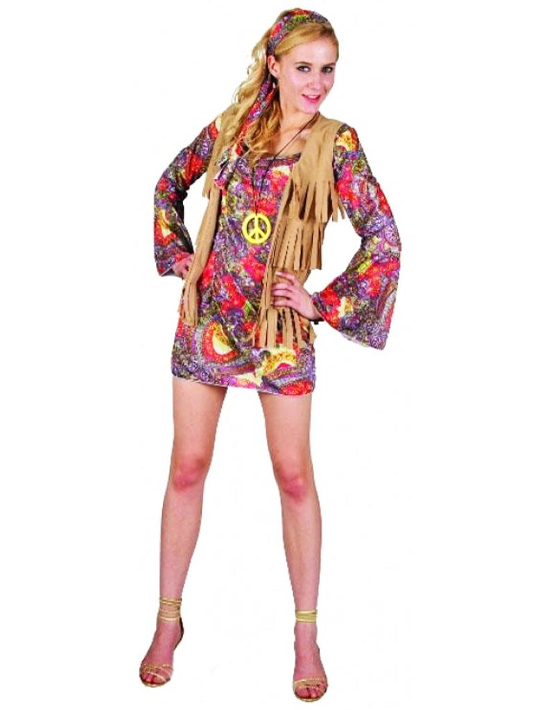 Women’s 3-Piece Woodstock Flower Costume – Dress, Medallion, Headpiece