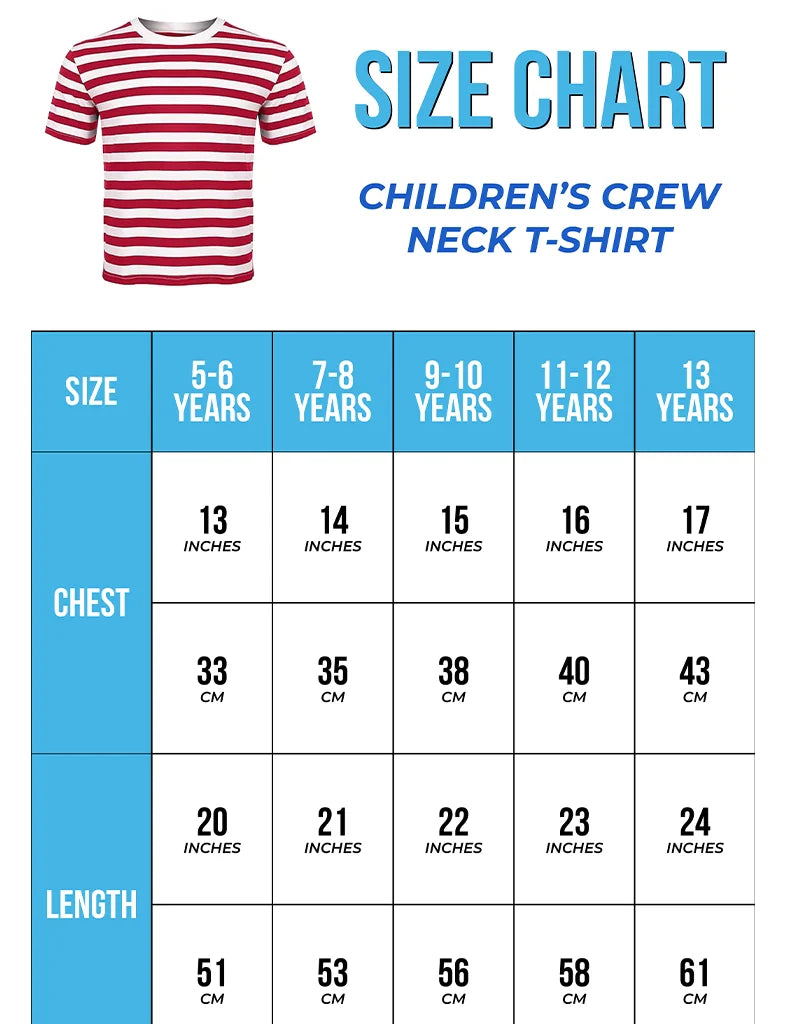 Boys Pirate Costume Set - Striped T-shirt, Hat, Bandana & Light Up Sword size chart