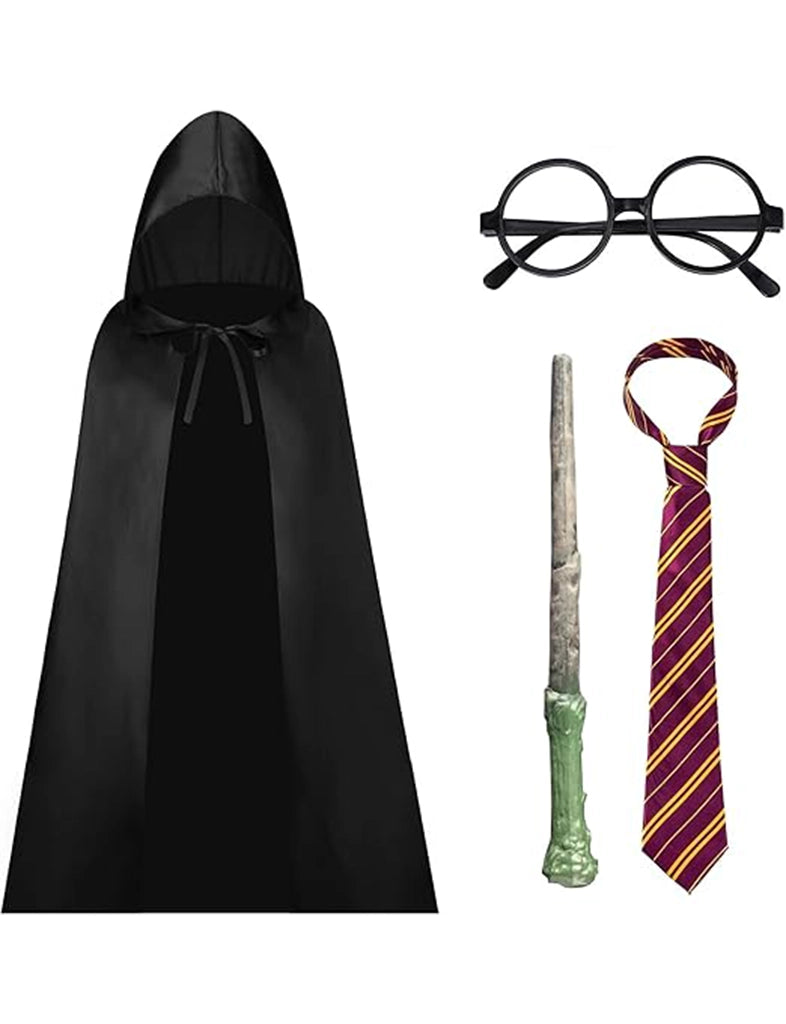 Kids 4PC Satin Cape Fancy Dress Costume Accessory Set | Premium School Boy Cape, Tie, Glasses, Wizard Wand Sets black