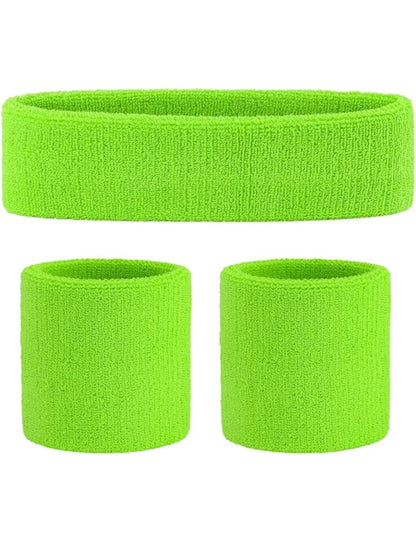 Ladies Gym Exercise Sports Neon Sweat Headband & Wristbands Set pack 1 green