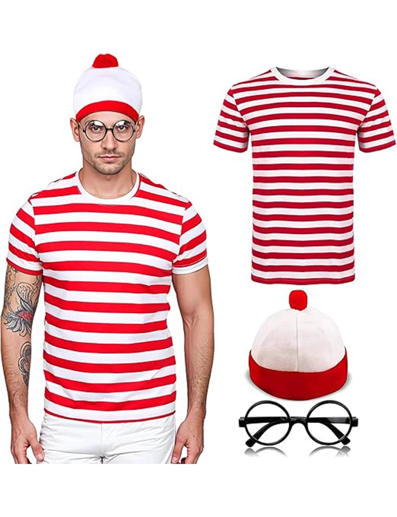 Men's Theme Event Red and White Striped T-Shirt, Knitted Hat, Black Wizard Glasses Set