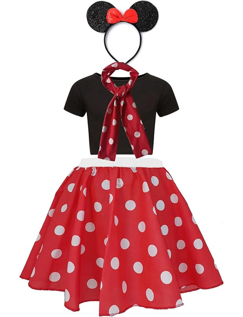 Girls Minnie 4 Pcs Set-Polka Dot Skirt, Scarf, Black Crop Top & Minnie Mouse Ear Headband