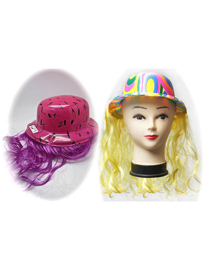 Multi Colour Festival Bowler Hat with Hair Extension