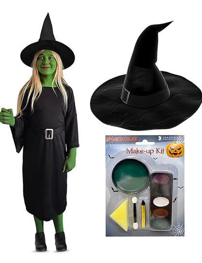 Girls Wicked Witch Of The West Costume Set, Dress, Hat & Green Facepaint