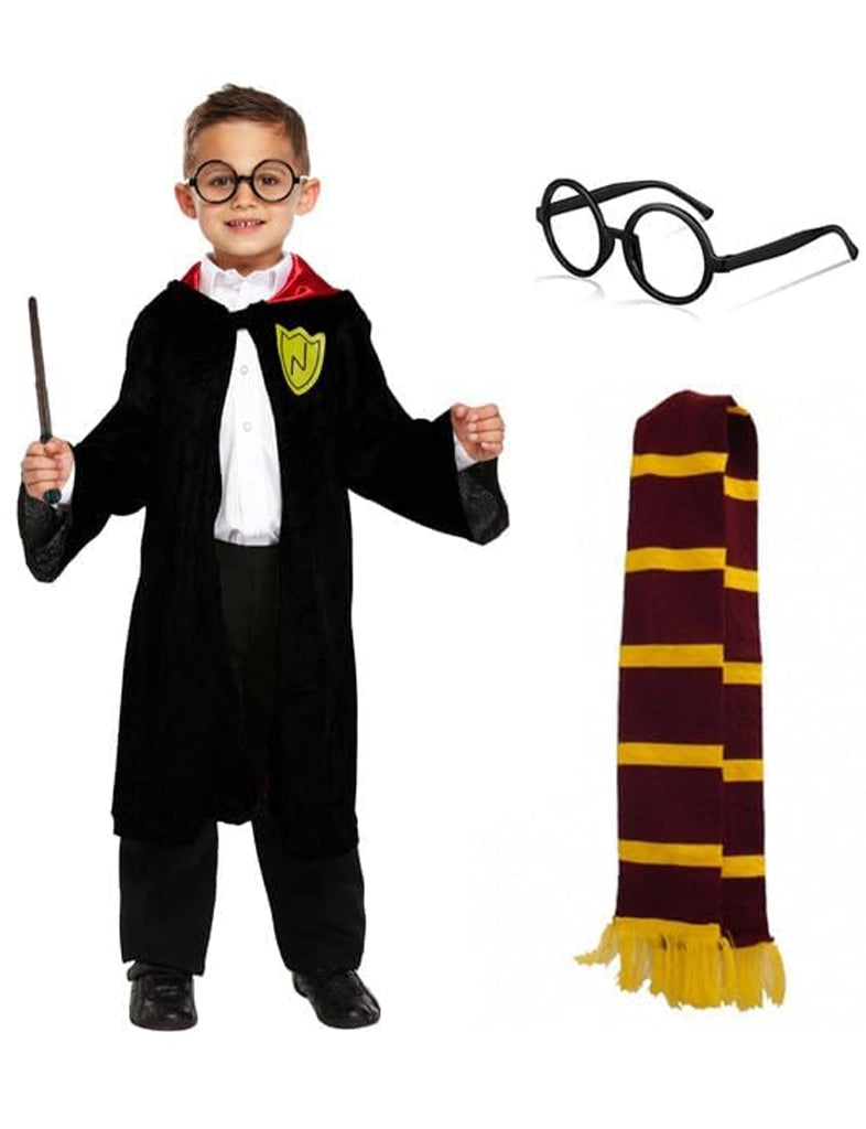 Boys Wizard Costume Accessories Magic Robe, Scarf, Magic Wand, & Glasses Set