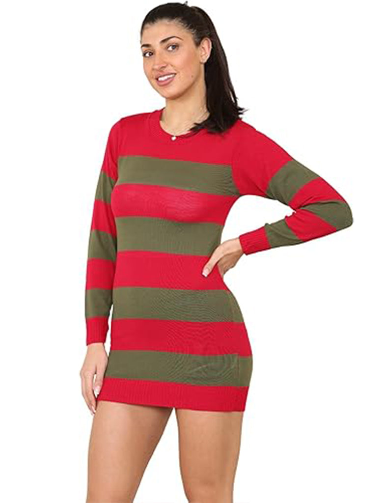 Women's Red and Green Stripe Knitted Long Dress Jumper