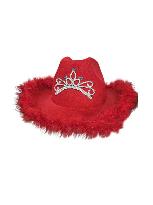 Red Cowboy Hat with Fluff Trim - thefancydress.co.uk