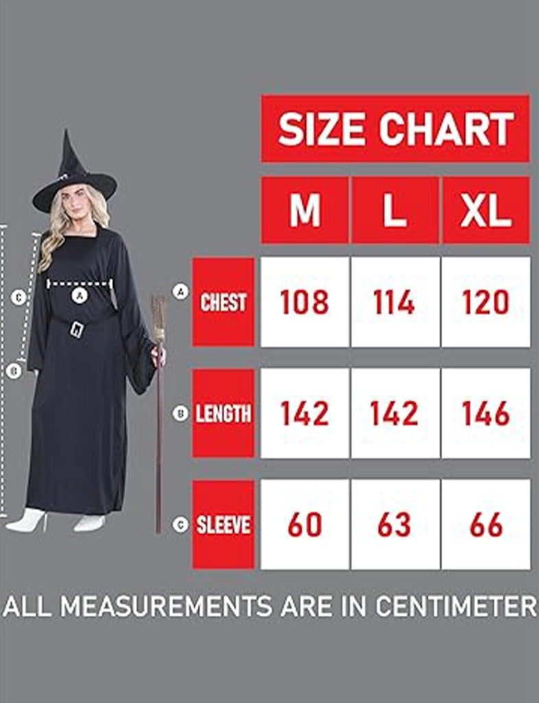 Ladies Wicked Witch Of The West Costume Set - Dress, Hat & Green Facepaint size chart