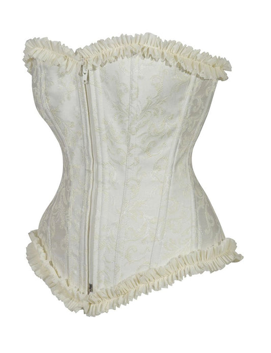 Ladies White Brocade Corset Top with Zip and Frill