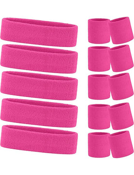 Ladies Gym Exercise Sports Neon Sweat Headband & Wristbands Set pink pack 5