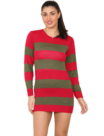 Women's Red and Green Stripe Knitted Long Dress Jumper