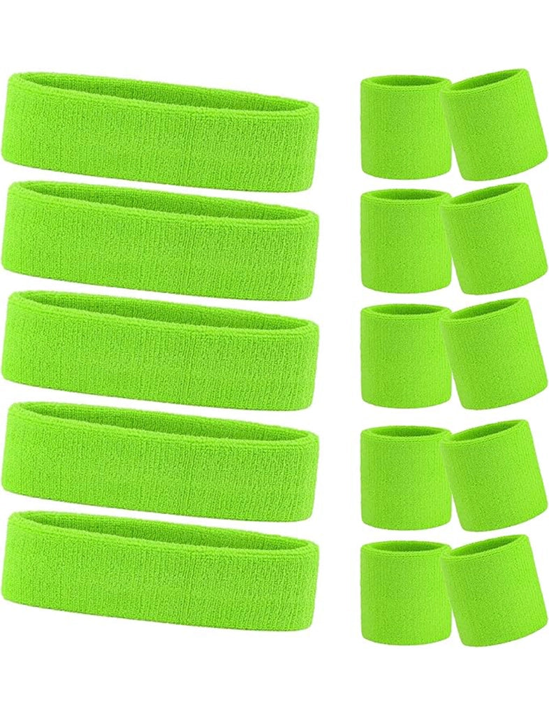 Ladies Gym Exercise Sports Neon Sweat Headband & Wristbands Set pack 5 green