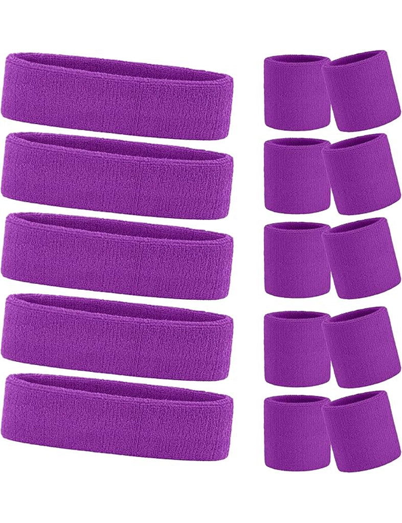 Ladies Gym Exercise Sports Neon Sweat Headband & Wristbands Set  purple pack 5