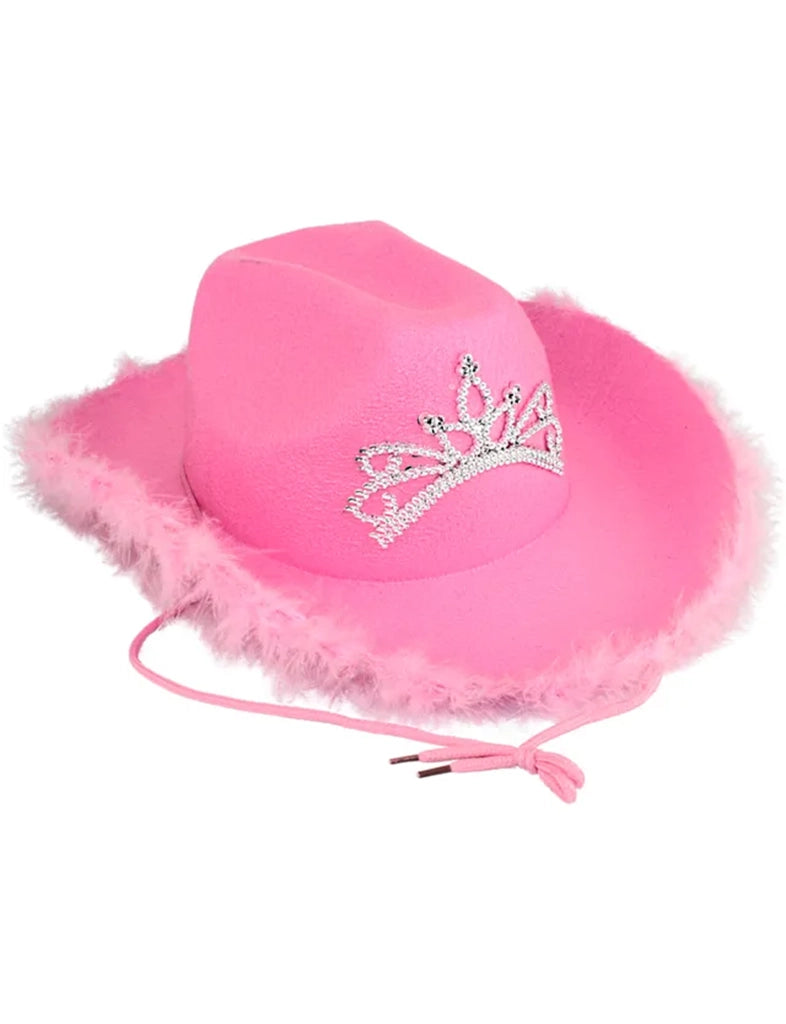 Ladies Tiara Cowgirl Hat with with Fluff Trim Marabou Trim pink