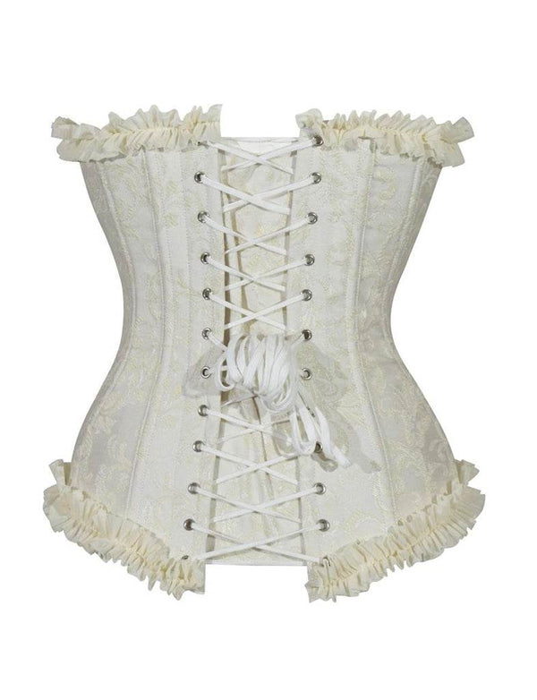 Ladies White Brocade Corset Top with Zip and Frill - thefancydress.co.uk