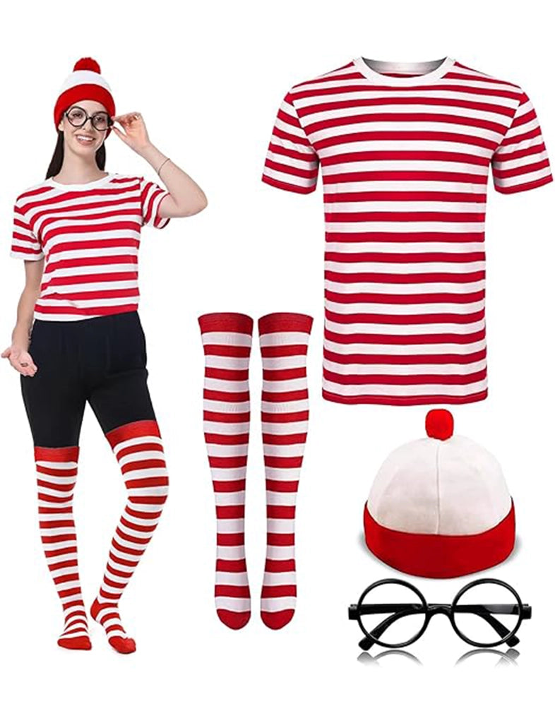 Women's Red and White Striped T-Shirt, Striped Socks, Knitted Hat, Black Wizard Glasses Set