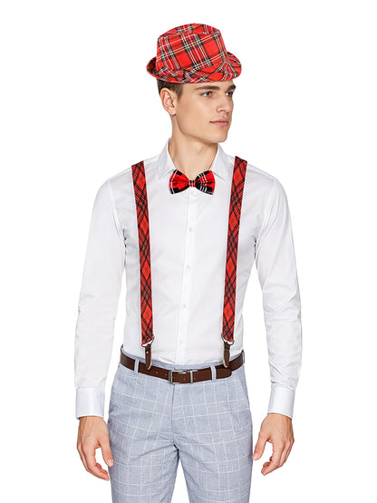 3 Pcs Men's Wear Tartan Set  (Hat, Bow Tie, Braces)