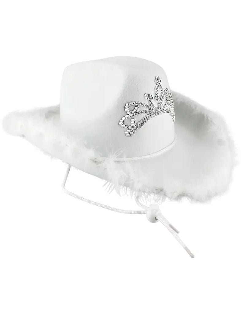 Ladies Tiara Cowgirl Hat with with Fluff Trim Marabou Trim white