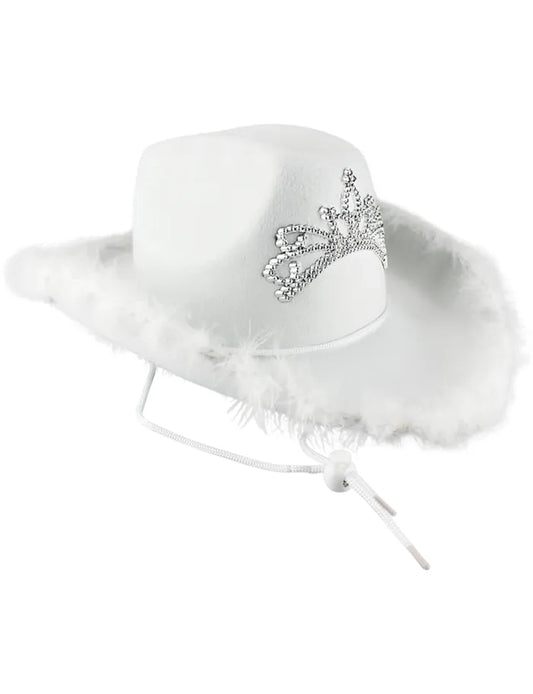Ladies Tiara Cowgirl Hat with with Fluff Trim Marabou Trim white